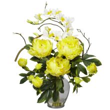 Peony & Orchid Silk Flower Arrangement, Yellow