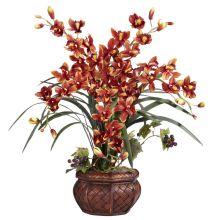 Cymbidium w/Decorative Vase Silk Arrangement, Burgundy
