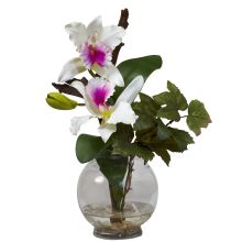 Mini Cattleya w/Fluted Vase Silk Flower Arrangement, White