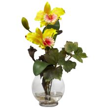 Mini Cattleya w/Fluted Vase Silk Flower Arrangement, Yellow