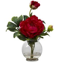 1278 RD - Peony w/Fluted Vase Silk Flower Arrangement Red