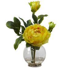 Peony w/Fluted Vase Silk Flower Arrangement, Yellow
