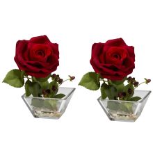 Rose w/Square Vase Silk Flower Arrangement (Set of 2) Red