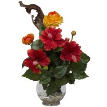 1287 - Hibiscus & Ranunculus w/Fluted Bowl Silk Flower Arrangement