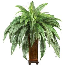 Boston Fern Silk Plant, w/Decorative Wood Vase