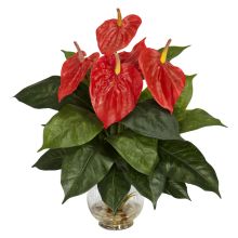 Anthurium Silk Flower Arrangement, w/Fluted Glass Bowl Vase