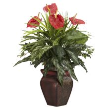 Anthurium Silk Plant, w/Mixed Greens & Decorative Vase