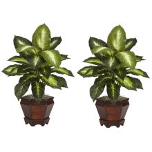 Golden Dieffenbachia Silk Plant GD (Set of 2) w/Wood Vase