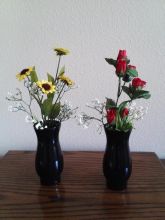 Silk Floral Arrangement Rosebuds and Sunflowers in Black Vase