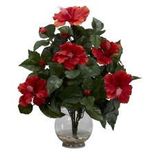 Silk Floral Arrangement Red Hibiscus in Fluted Glass Vase